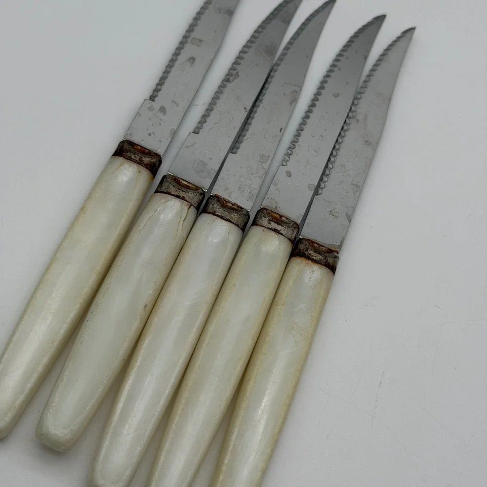 Vintage Regent Sheffield Steak Knives Set of 5 Faux Mother of Pearl England MCM